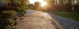 a beautifully arranged interlocking driveway adorned with rich, textured pavers glistens under the soft, golden light of a late afternoon sun, enhancing the sophisticated charm of an ottawa home.