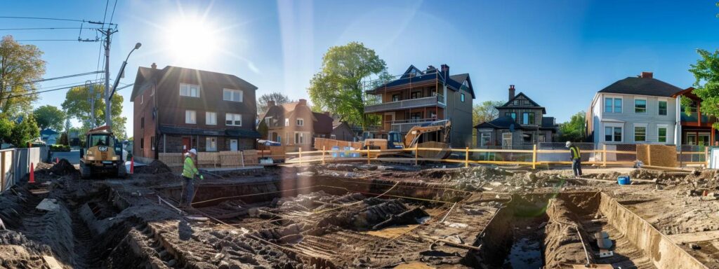 a robust construction scene showcasing professionals diligently repairing a sturdy foundation on a residential building in ottawa, surrounded by a clear blue sky and warm sunlight illuminating their meticulous work.