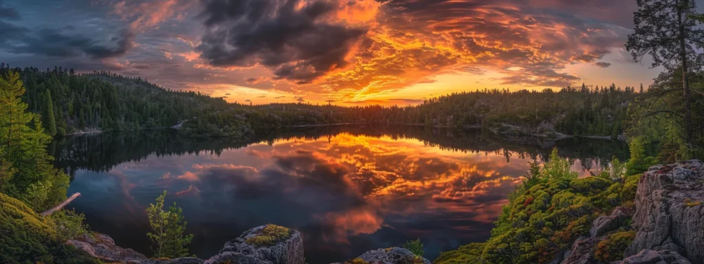 a breathtaking panorama of a vibrant sunset casting golden hues over a serene lake, reflecting the fiery sky and surrounded by lush, evergreen forests.