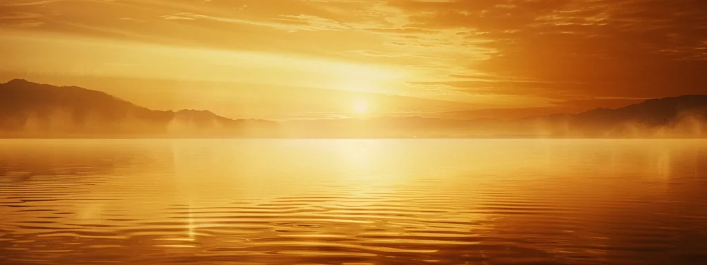 a breathtaking sunrise casts a golden glow over a tranquil lake, where mist rises softly above the water's surface, creating a serene and ethereal atmosphere.