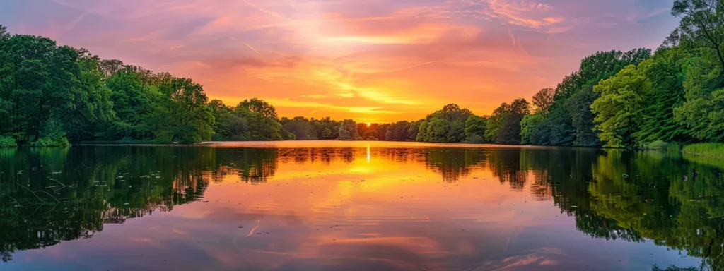 a breathtaking sunset casts vibrant hues of orange and pink over a serene lake, reflecting the glowing sky and surrounded by lush green trees.