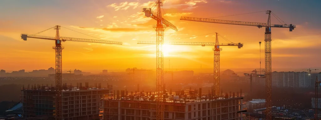 a captivating scene of a modern construction site adorned with gleaming, high-quality machinery under a vibrant sunset, symbolising growth and dedication to excellence in craftsmanship.