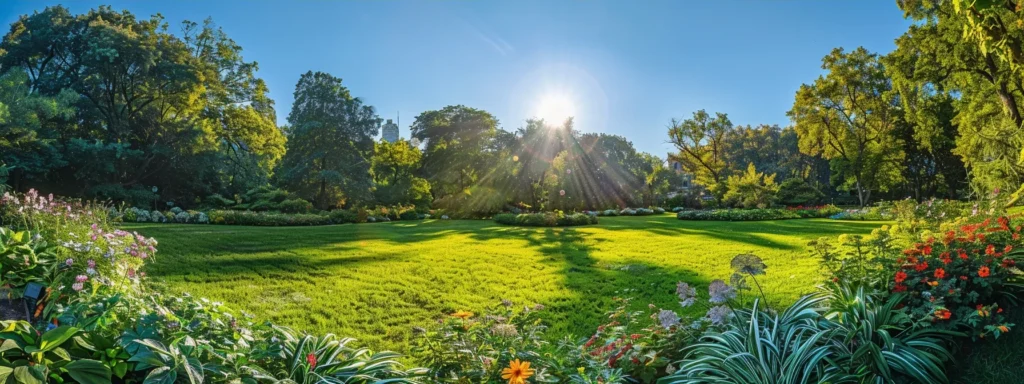 a vibrant sunlit garden brimming with a kaleidoscope of blooming flowers, casting intricate shadows on the lush green grass under a clear blue sky.