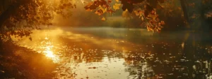 a vibrant sunrise casts golden light over a serene lake, reflecting the vivid hues of autumn foliage surrounding the tranquil waters.