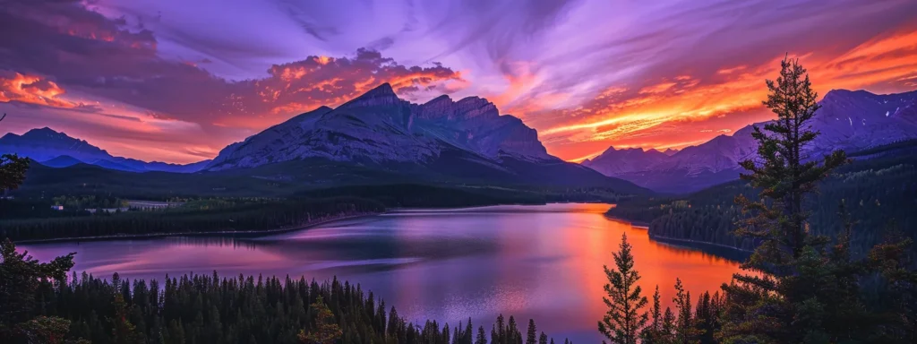 a breathtaking sunset paints the sky with vibrant hues of orange and purple, casting a warm glow over a serene lake surrounded by silhouetted mountains.