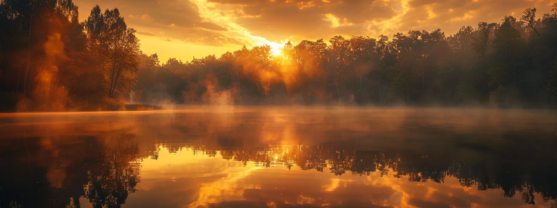 a vibrant sunrise casts a warm golden light over a tranquil lake, with mist curling above the water's surface, creating a serene and captivating reflection of the surrounding lush forest.